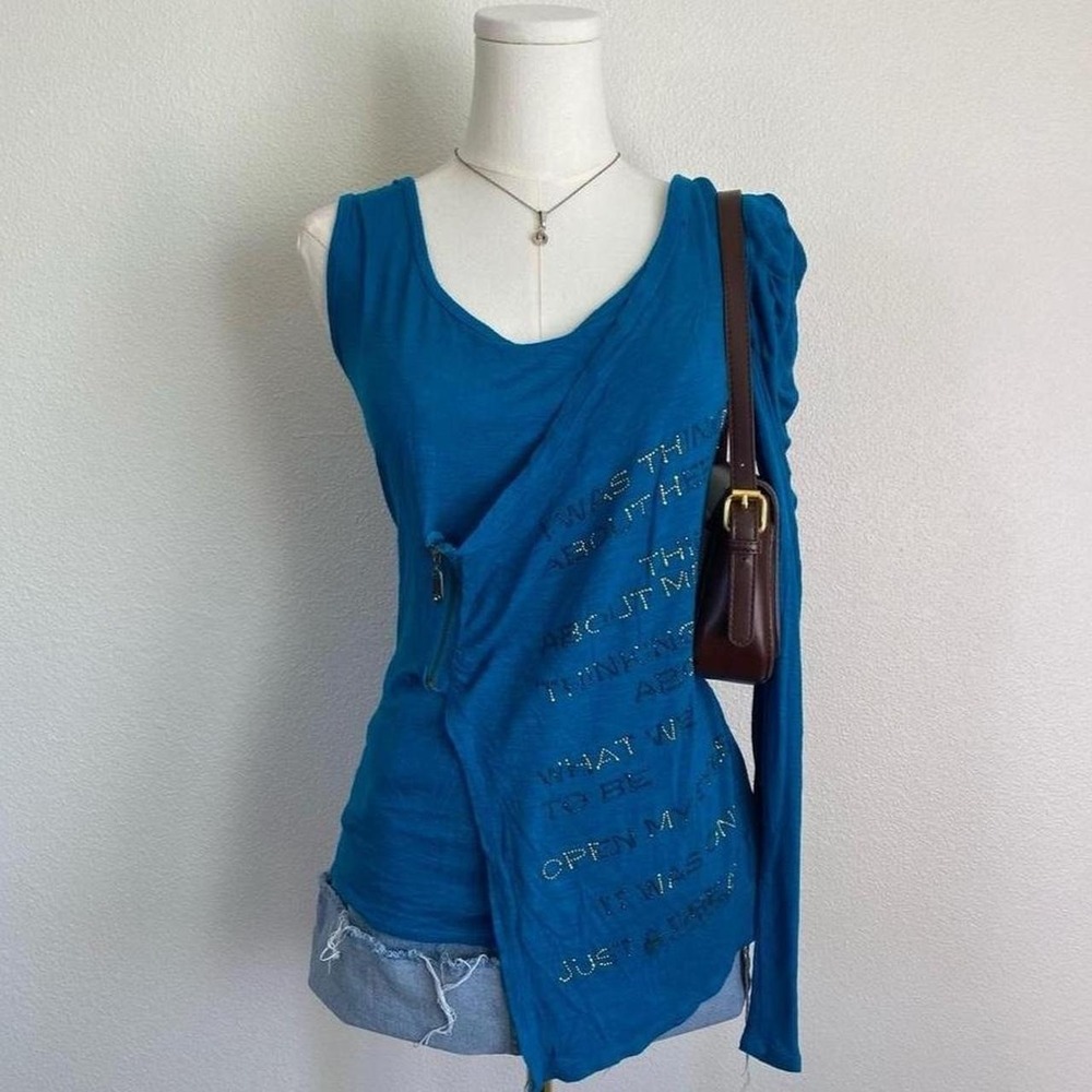 Vintage Y2K Apple Bottoms Blue Asymmetrical Top Rhinestone Embellished Zipper